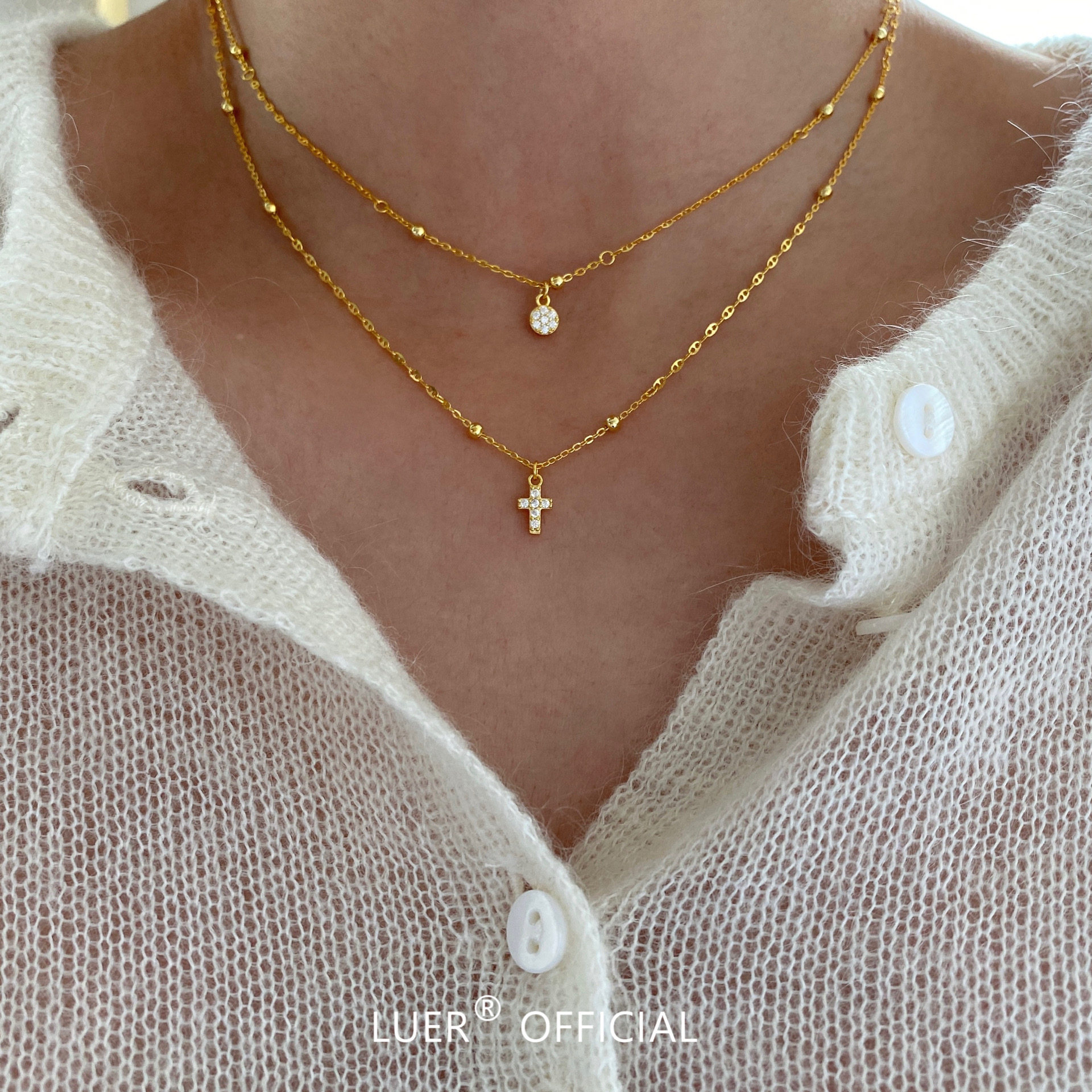 极细!意大利进口手工拼接镶钻纯银链十字架精致纯银项链正品