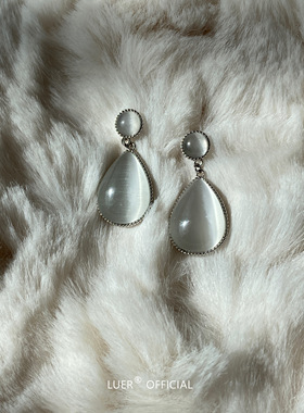 水滴猫眼石 性冷淡chic简约 通体纯银小众气质耳坠耳钉正品银饰