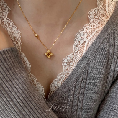 通体纯银镀厚金!法式轻奢!拉丝镶钻镂空四叶草精工质感锁骨链项链