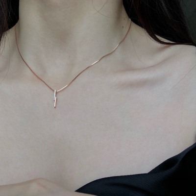 自留 简约气质！光滑舒适盒子链 通体925银竖条镶钻项链锁骨链女