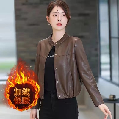 立领皮衣女秋冬加绒加厚款女休闲小个子外套短款2025显瘦软皮气质