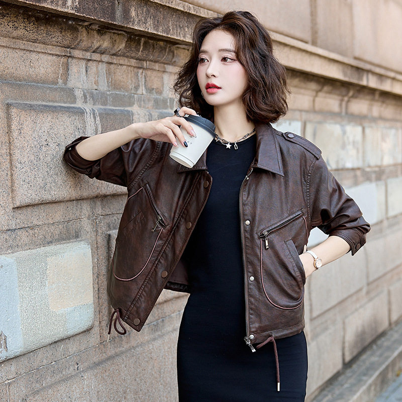 宽松洋气皮衣女短款小个子气质绵羊皮机车服系带PU皮夹克外套春秋