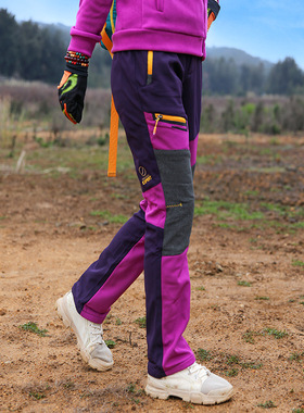 户外加绒冲锋裤女拼色防风防泼水抓绒软壳裤秋冬保暖徒步登山长裤