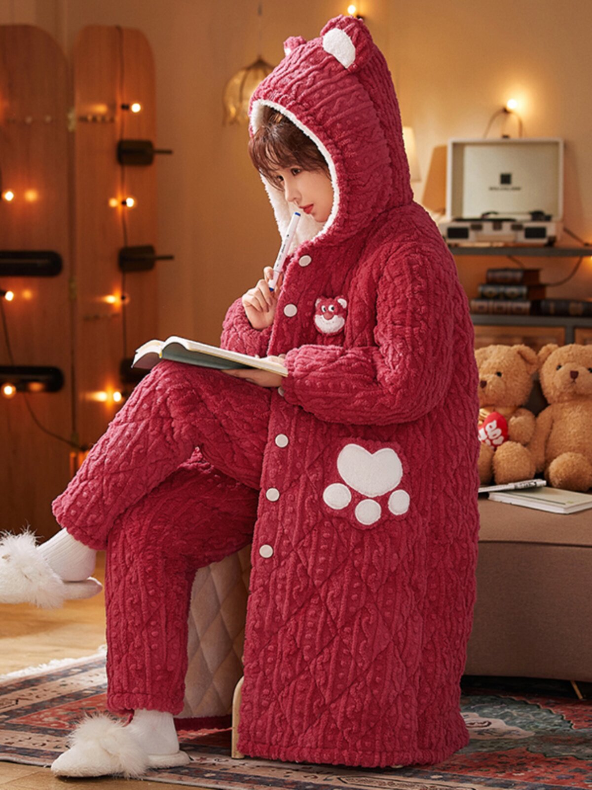 CORAL VELVET PAJAMAS WOMENS WINTER VELVET THICKENED THREE-LAYER PADDED PADDED DRESSING GOWNS WINTER CUTE HOODED FLANNEL LOUNGEWEAR