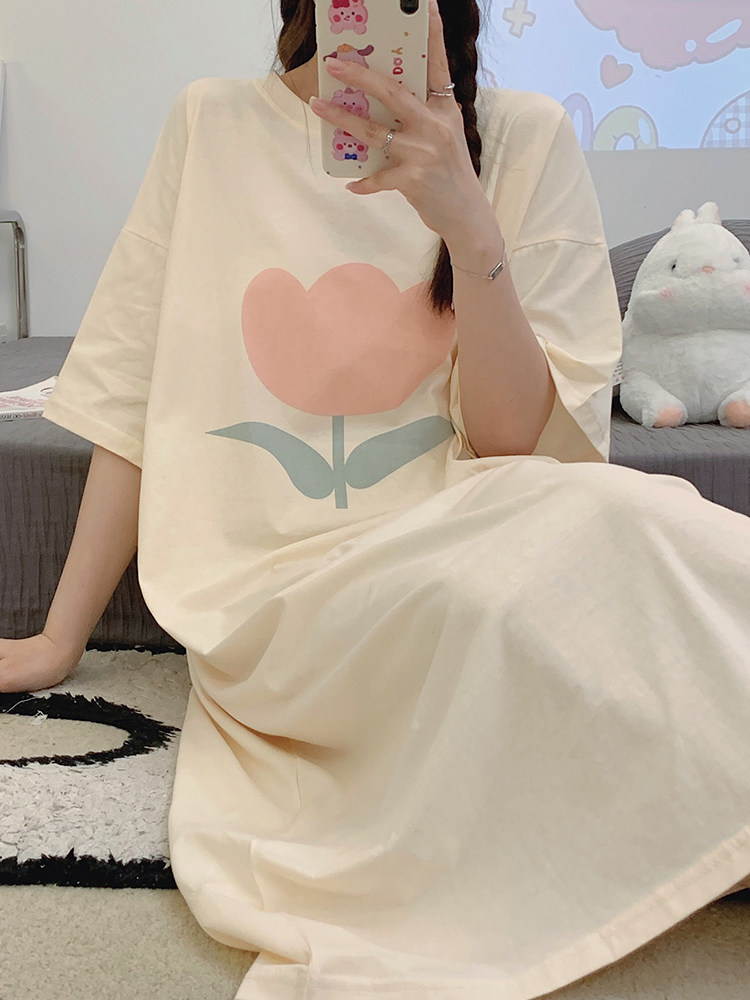 여성 잠옷 여름 순수 면화 반팔 달콤한 여성용 잠옷 봄과 가을 귀여운 작은 꽃 홈웨어 드레스