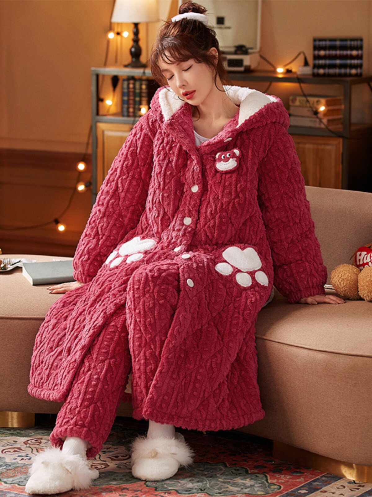 CORAL VELVET PAJAMAS WOMENS WINTER VELVET THICKENED THREE-LAYER PADDED PADDED DRESSING GOWNS WINTER CUTE HOODED FLANNEL LOUNGEWEAR