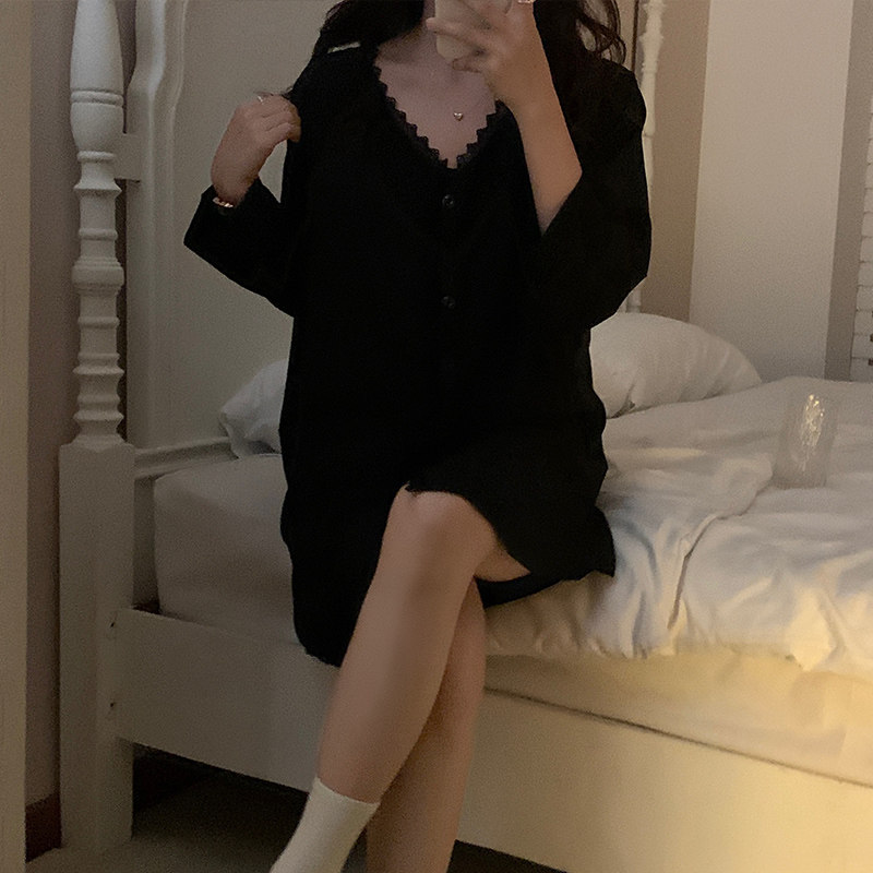 봄과 가을 얼음 실크 솔리드 컬러 하이 엔드 카디건 잠옷 여름 얇은 여성스러운 홈웨어 여성용 긴팔 잠옷