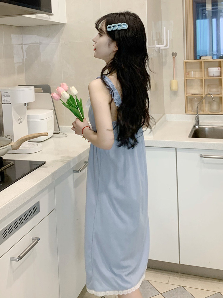 가슴 패드가 있는 여름 여성용 달콤한 서스펜더 잠옷 순면 잠옷 봄 여름 순수한 정욕 스타일 소녀의 홈웨어 드레스