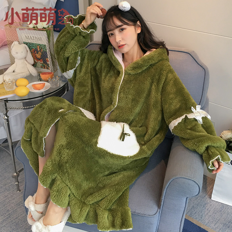 79.00元包邮睡衣女秋冬加厚珊瑚绒甜美睡袍春秋连帽睡裙法兰绒保暖浴袍家居服
