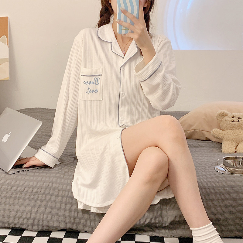 여성용 카디건 긴팔 잠옷 봄 가을 겨울 순수 코튼 한국 스타일 INS 여성용 홈웨어 여름 잠옷 드레스