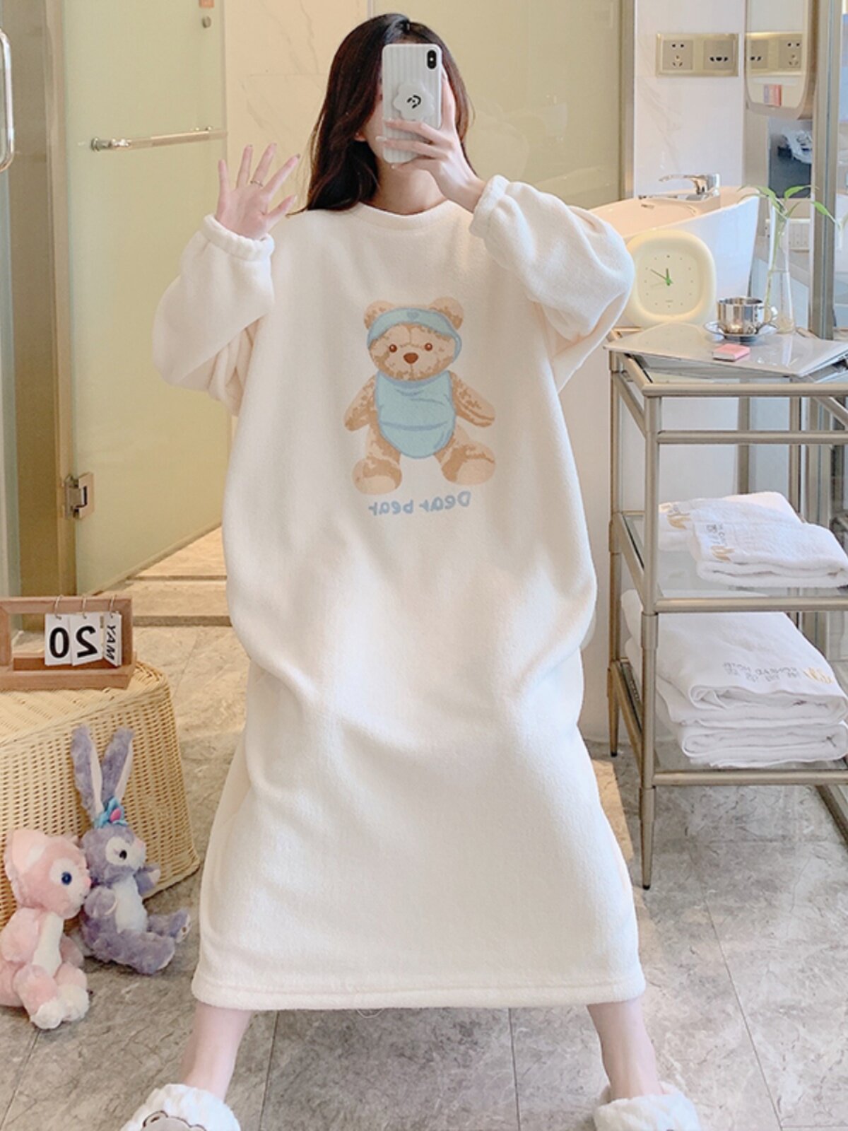 가을과 겨울 여성을위한 한국식 긴팔 잠옷 두꺼운 벨벳 산호 벨벳 잠옷 귀여운 소녀 플란넬 가정 옷