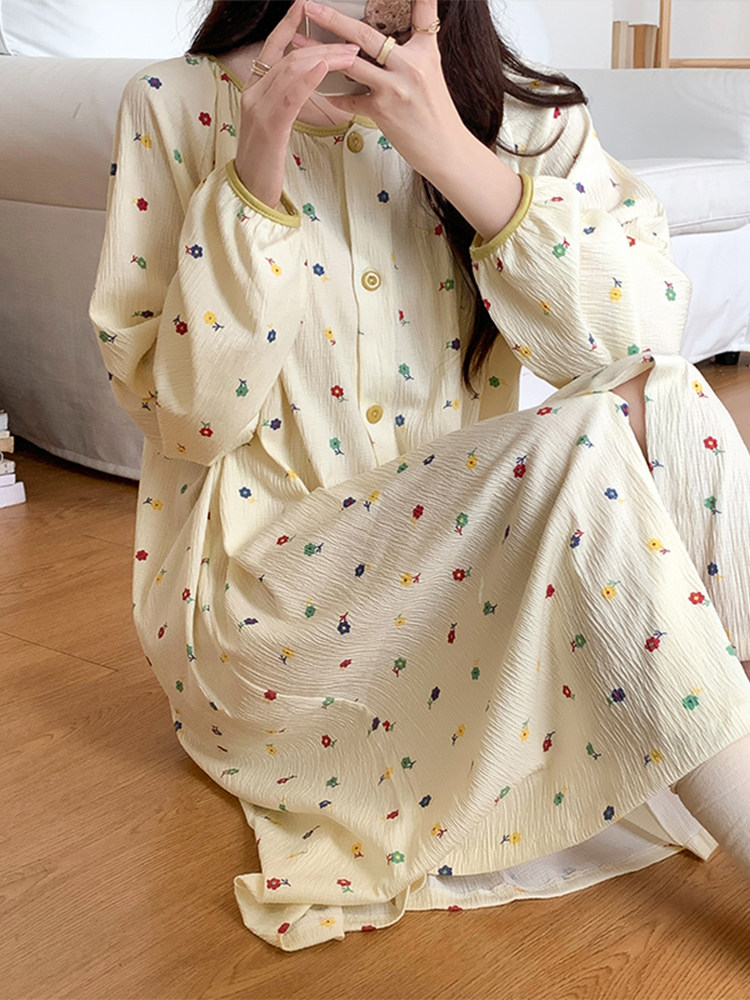 봄 가을 여성용 잠옷 달콤한 전원 스타일 중간 길이의 대형 가디건 임산부 잠옷 원피스 가을 겨울 가정복
