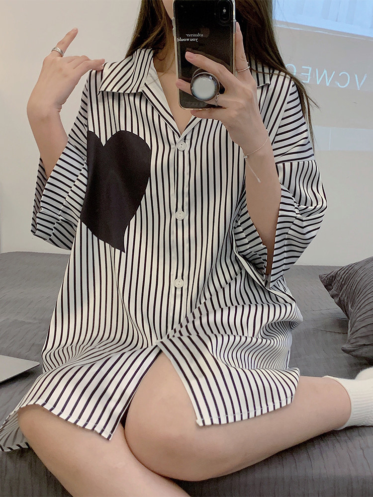 여성을위한 순수한 정욕 셔츠 잠옷 여름 얇은 줄무늬 하이 엔드 한국 스타일 잠옷 여름 시원한 얼음 실크 가정 의류
