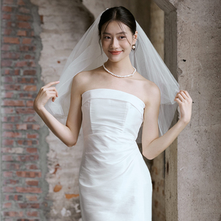 之既抹胸晨袍白色绸缎礼服领证白裙个性 连衣裙可拆卸蝴蝶结订婚用