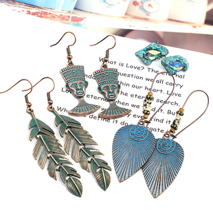 欧美风格做旧铜绿绣个性复古耳饰品古典元素羽毛叶子十字架耳环