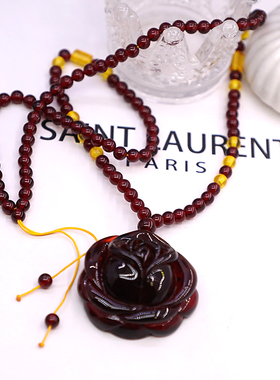 仿血珀蜜蜡牡丹花朵长项链毛衣链