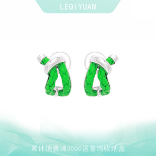 新款 流行耳饰 复古时尚 leqiyuan绿色小牛皮耳钉女铜镀金镶嵌法式