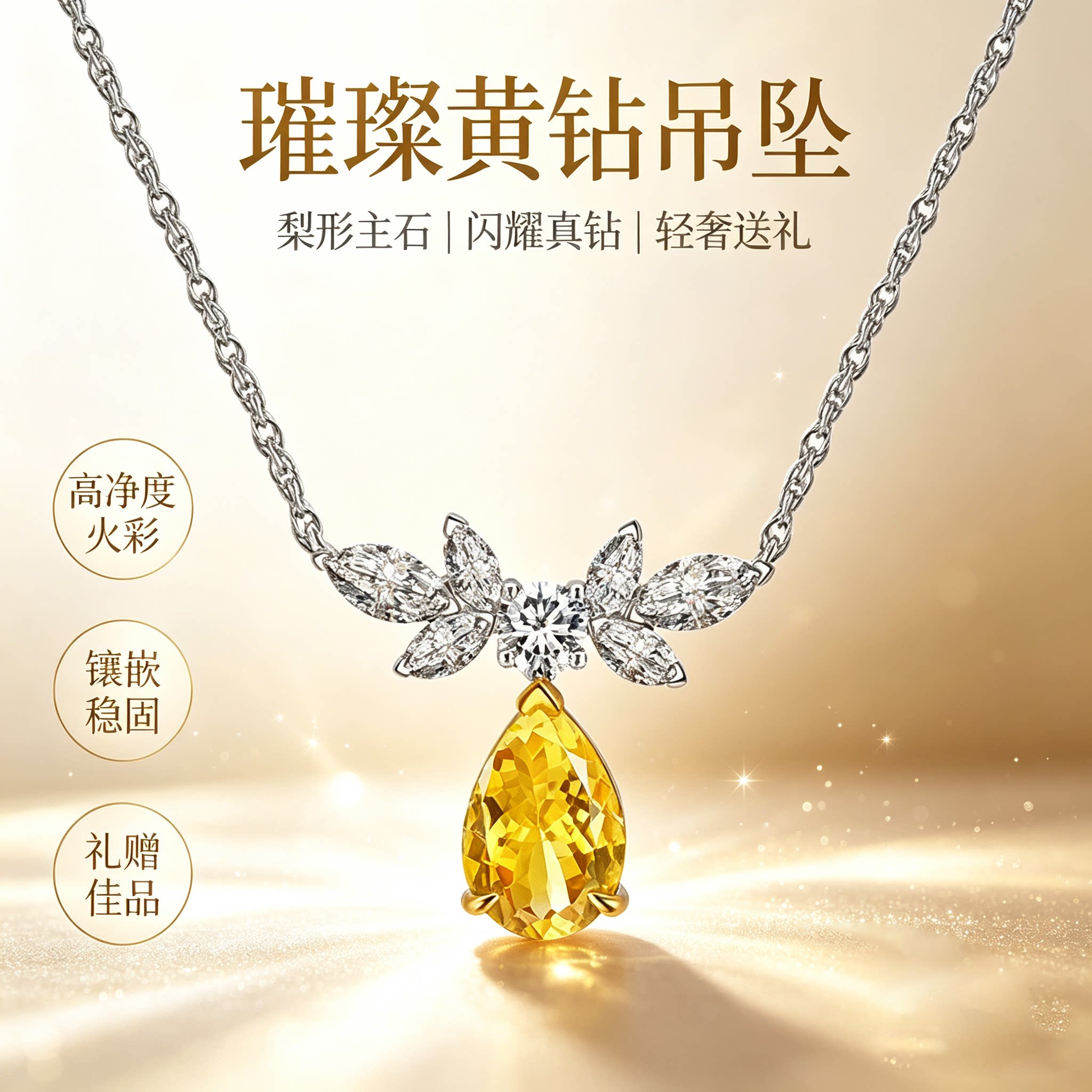 项链S925银水滴黄色锆石锁骨链