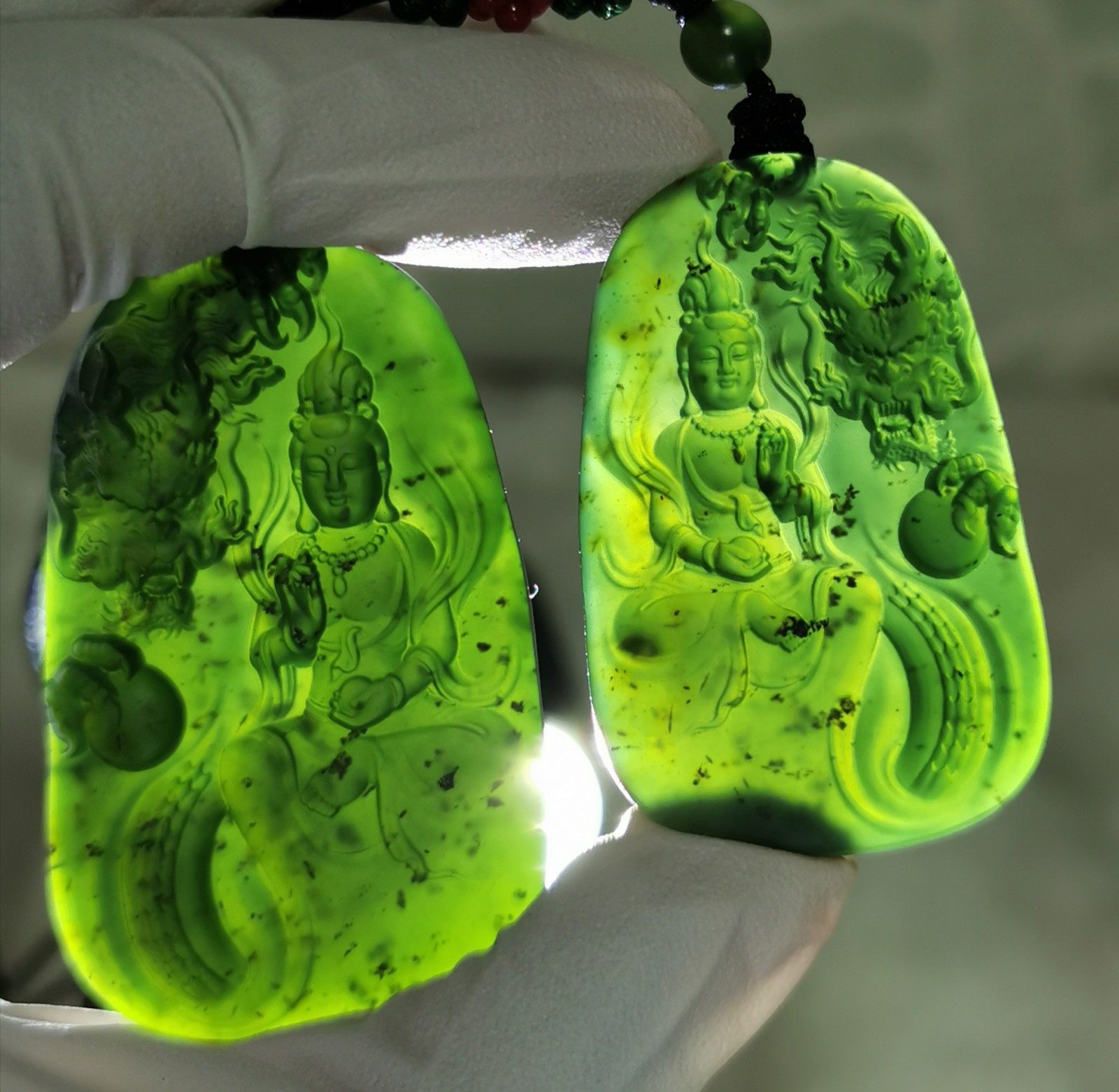 泰山玉吊坠乘龙观音御龙观音磨砂男女款金星老冰料深海绿保真特价