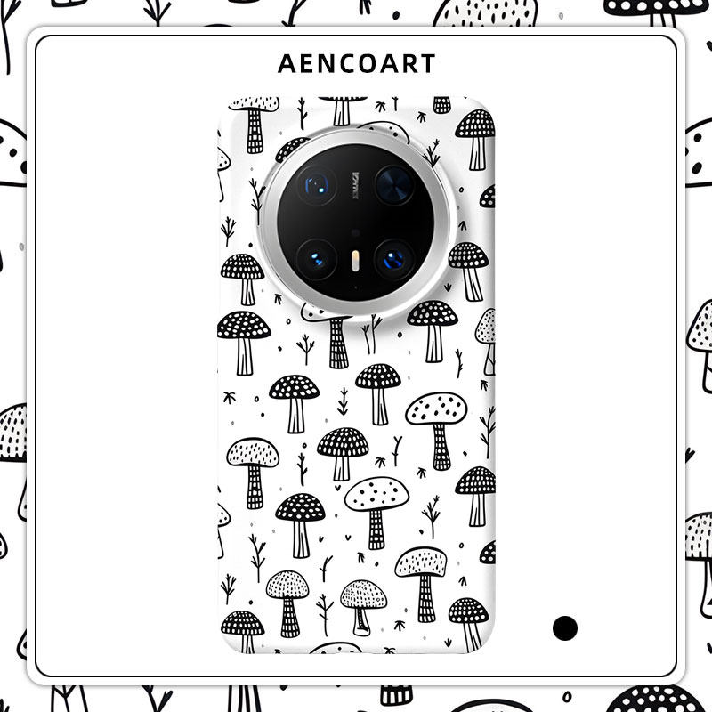 「蘑林秘语」适用华为MATE80PROMAX磨砂硬壳MATE70PRO+手机壳60半包肤感50保护套40蘑菇黑白手绘简约小清新