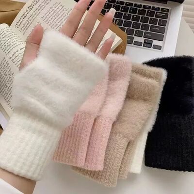 New Mink Fleece Half Finger Gloves for Women's Soft Winter W