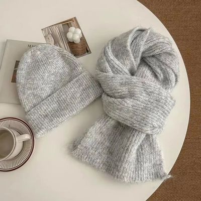 2Pcs Hat Scarf Set Thermal Lined Double-Layer Design Knitted