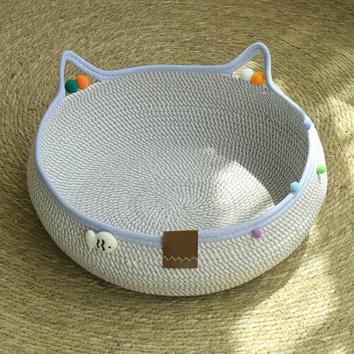 Cartoon Pet Cat Bed Round Hand Woven Rattan Cat Beds Summer