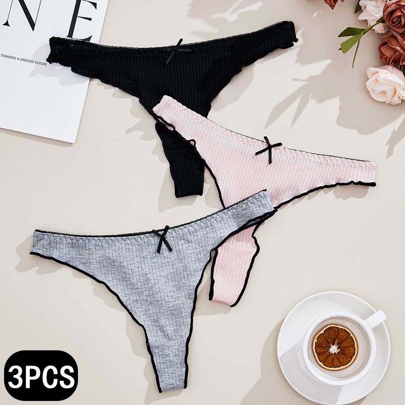 3Pcs Women's Thong Low-rise Panties Solid Color Cotton Linge