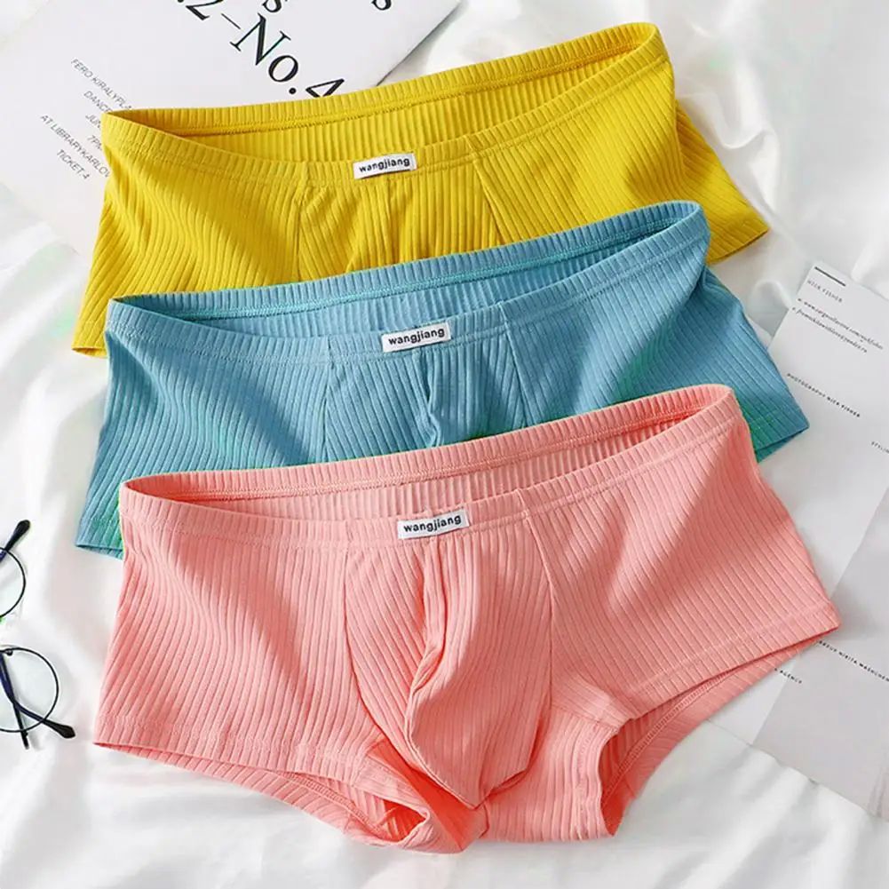 Men Boxers Solid Color Ribbed Low-rise Briefs Quick Drying B