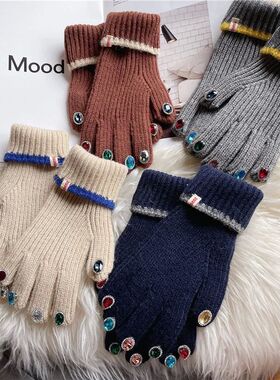 Women Winter Warm Knitted Full Finger Gloves Solid Wool Luxu