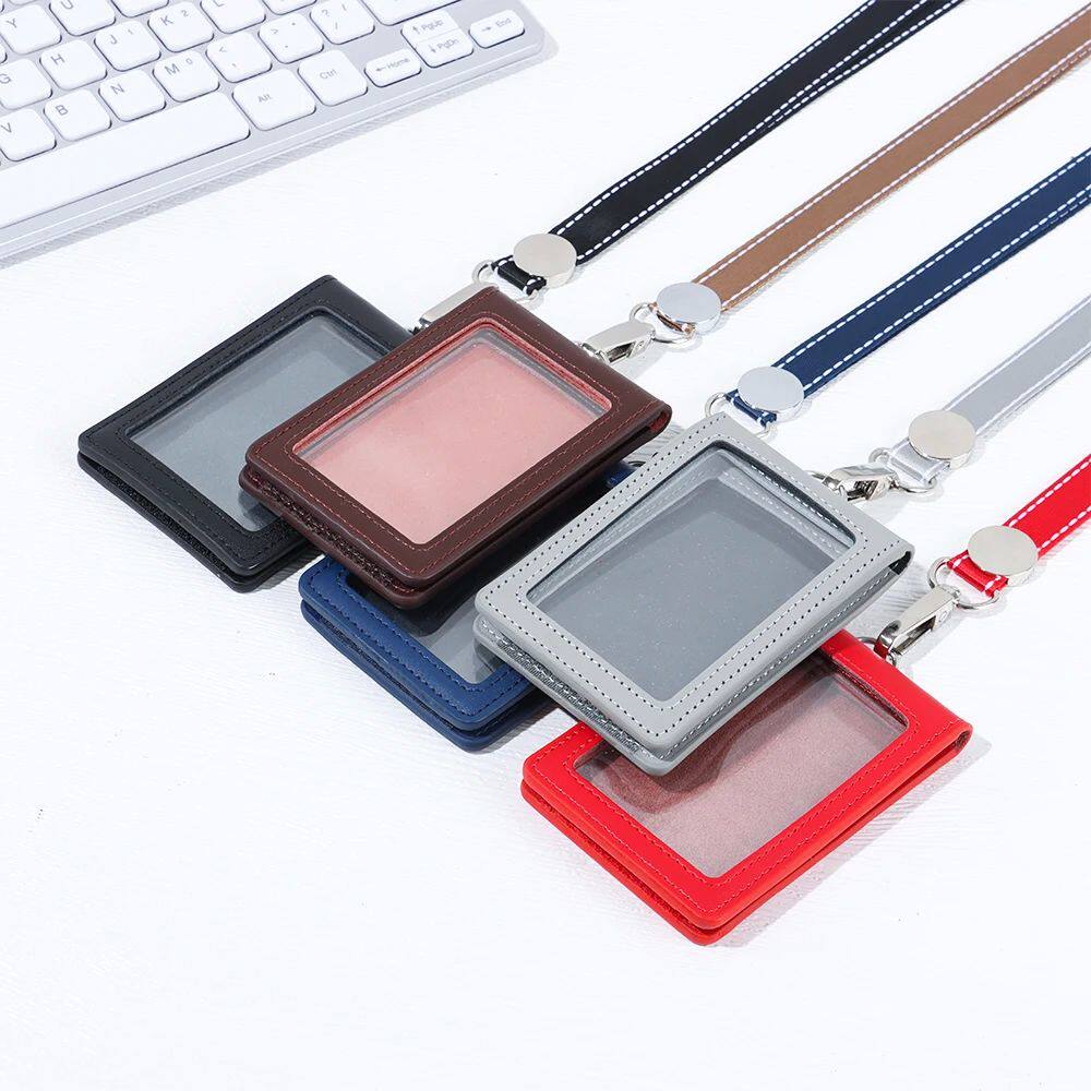 Double Card Badge Holder Genuine Leather ID Lanyard Name Tag