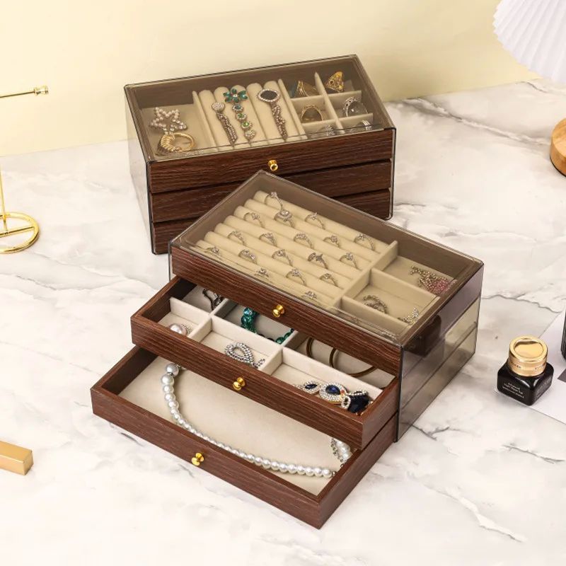 New walnut pattern three-layer drawer jewelry storage box ri