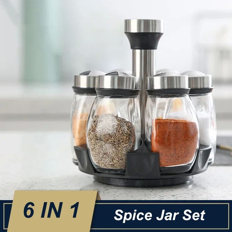 1/7pcs Spice Jar Set Rack Glass Organizer Rotating Glass Sea