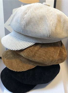 Solid vintage corduroy octagon for women Korean beret