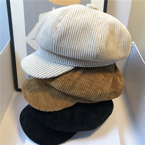 Solid vintage corduroy octagon for women Korean beret