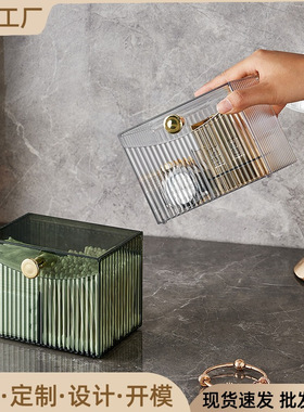 Cosmetics storage box with lid and compartments, transparent