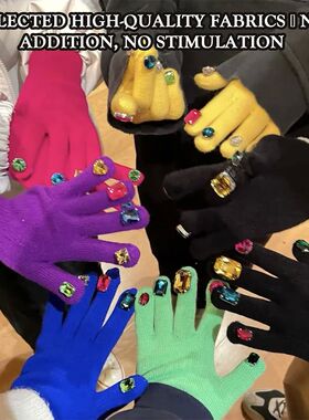 Female Gloves Full Finger Mittens Rhinestone Inlaid For Wint