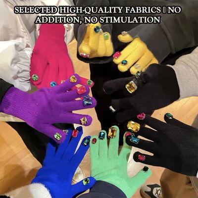 Female Gloves Full Finger Mittens Rhinestone Inlaid For Wint