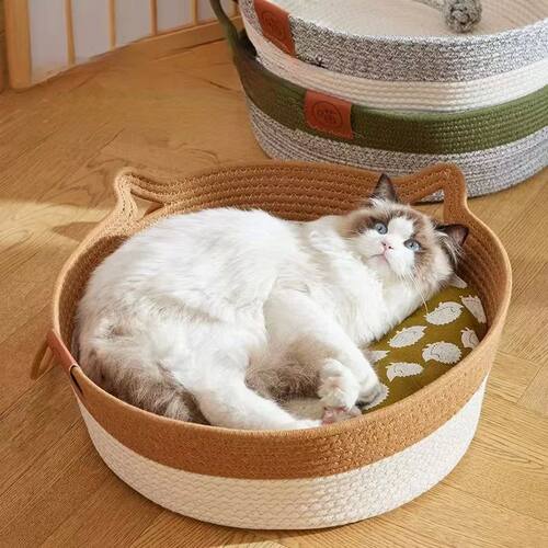 Japanese Pet Cat Bed Round Hand Woven Rattan Cat Beds Summer