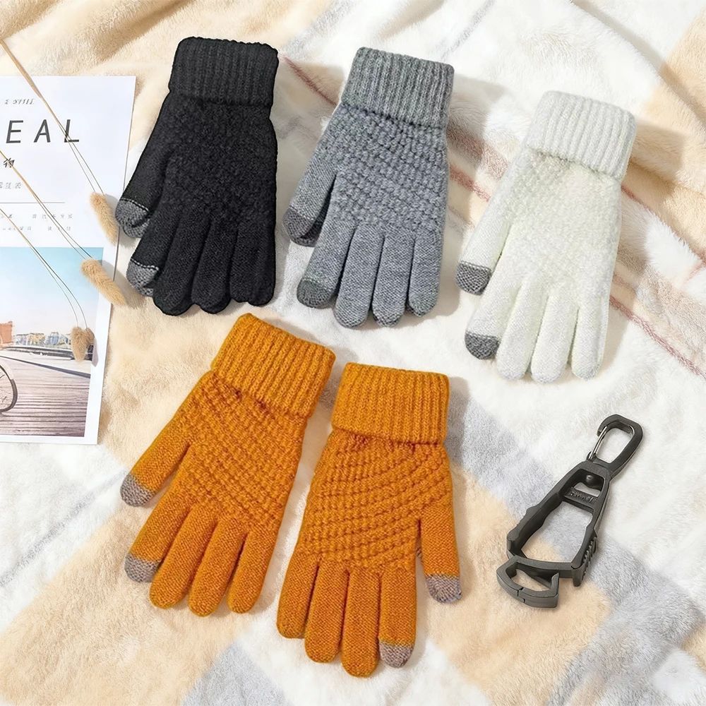 3pcs Winter Touch Screen Gloves with Clip Warm Elastic Knitt