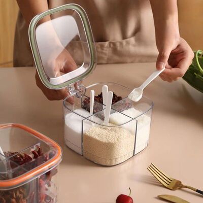 4 Grids Salt Seasoning Box Transparent Lid Seasoning Jar Kit