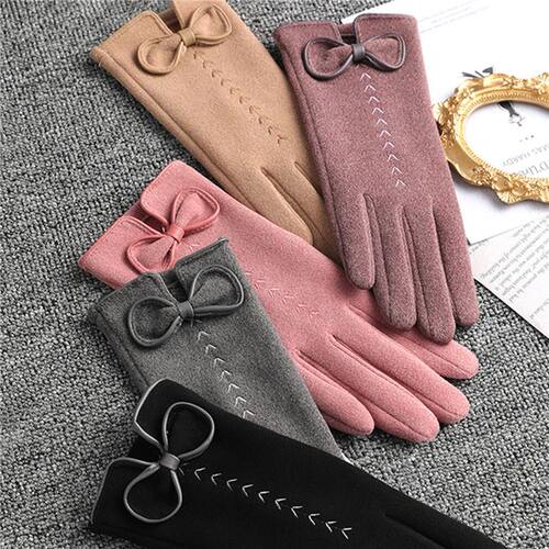 Women Gloves Cute Bow Embroidery Thin Plus Velvet Touch Scre