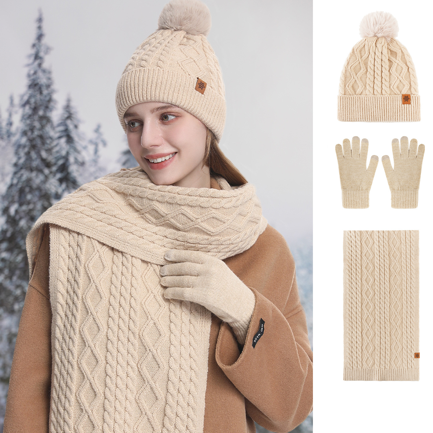 Knitted Hat Women's Hat Scarf Glove 3-Piece Set