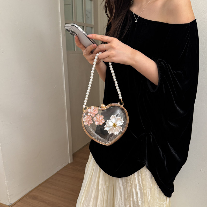 小众设计感包包透明爱心包女花朵珍珠链条小拎包斜挎晚宴包仙女风