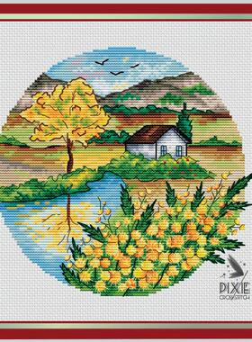 法国DMC十字绣套件 A942圆形风景含羞草 28CT客厅装饰画新款