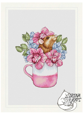 法国DMC十字绣套件花卉动物 D033杯子里花和老鼠 28CT 简单 印花