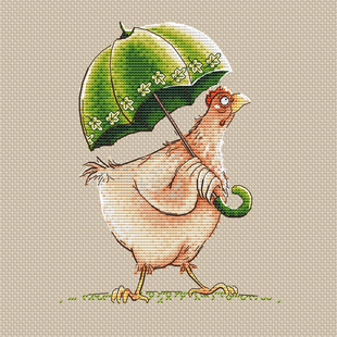 可爱动物 母鸡 亚麻色棉布 A920打伞 法国DMC十字绣套件