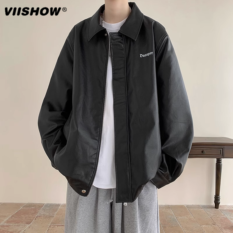 VISHOW翻领PU皮衣外套男春秋气质复古宽松机车服美式夹克潮牌外套