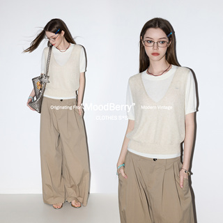 MoodBerry 美式复古纯色针织短袖背心女夏季宽松型休闲两件套上衣