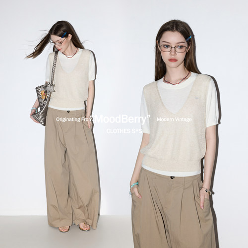MoodBerry 美式复古纯色针织短袖背心女夏季宽松型休闲两件套上衣